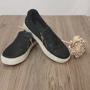 EUC Aldo black faux fur, studded heel sneakers, sz 7.5